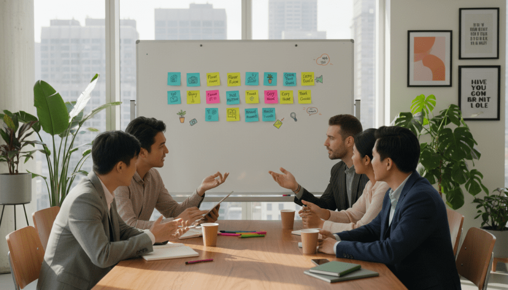A vibrant workspace scene featuring a creative brainstorming session focused on Pinterest board names. In the foreground, diverse professionals of various ethnicities collaborate around a sleek wooden table, immersed in discussions. They are dressed in smart casual attire, with one person writing on a digital tablet. In the middle ground, a large whiteboard displays colorful sticky notes with playful and unique board name ideas and illustrations representing different themes. The background showcases a sunlit office with large windows, greenery, and inspirational artwork. Soft, natural lighting accentuates the productive atmosphere, creating a sense of enthusiasm and creativity throughout the space. The overall mood is engaging and inspiring, encouraging innovative thinking around board names.