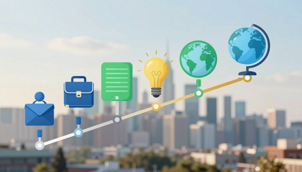 A visually engaging business journey timeline illustration. In the foreground, a series of distinct milestones are marked with icons representing growth stages—launch, expansion, challenges, and successes—each milestone connected by a sleek, flowing line. The middle section features vibrant infographic elements, such as a briefcase symbolizing work ethic, a lightbulb for innovation, and a globe for outreach, all in a cohesive color palette of blue, green, and gold. In the background, a blurred city skyline hints at a bustling business environment, bathed in soft, natural lighting to convey optimism and progress. The atmosphere is professional and motivational, designed to inspire small business owners crafting their own stories.