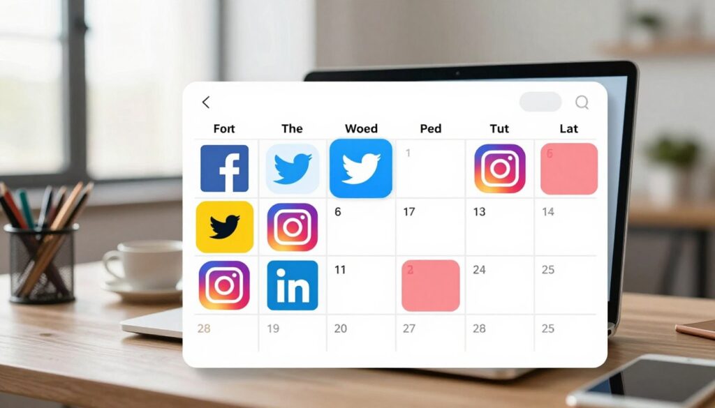 A visually engaging unified social media calendar displayed prominently in the foreground, featuring vibrant colors and clear, organized sections for different platforms such as Facebook, Twitter, Instagram, and LinkedIn. In the middle, an elegant desktop workspace with a laptop and stationery items, emphasizing the professional setting of a social media manager. The background includes a softly blurred office environment with large windows allowing natural light to pour in, creating an uplifting atmosphere. The lighting is bright and inviting, emphasizing productivity. The overall mood is one of efficiency and modernity, showcasing the effective management of cross-platform posting and scheduling. No text or watermarks are included in the image.