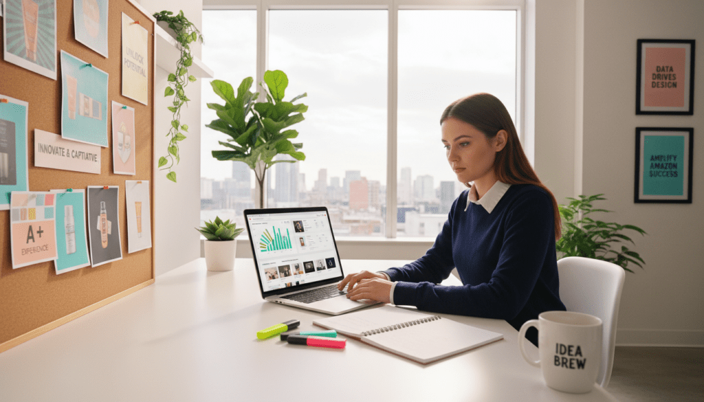 A visually engaging workspace showcasing a digital marketing professional analyzing Amazon product descriptions and A+ content modules. In the foreground, a focused individual in smart casual attire studies an open laptop, displaying vibrant graphs and product images. To the left, a colorful mood board filled with inspirational product visuals and catchy phrases. In the middle, a sleek desk adorned with a notepad, highlighters, and a coffee cup, enhancing the creative atmosphere. The background features a large window allowing natural light to flood the room, illuminating a modern office decor with plants and motivational posters. Capture the essence of creativity and professionalism in a bright, airy environment, emphasizing innovation in product enhancement strategies.