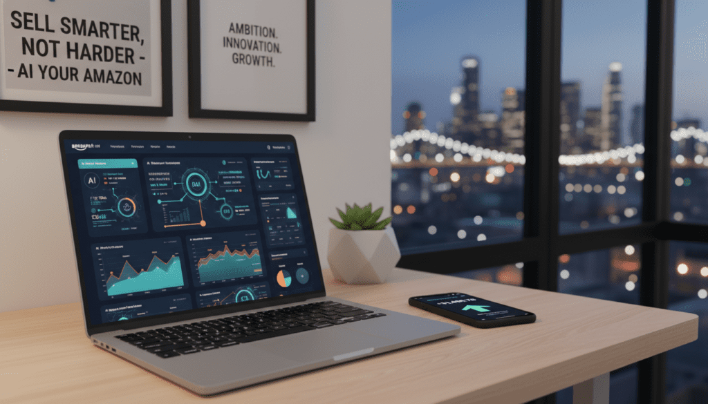 A visually engaging workspace that embodies the essence of supplementary AI tools for Amazon sellers. In the foreground, depict a sleek laptop open to a dashboard showcasing various AI applications, featuring vibrant graphs and analytics. Beside the laptop, include a smartphone displaying a sales tracking app. In the middle ground, illustrate a bright, modern office environment with a minimalistic desk, plants, and inspirational posters related to entrepreneurship. The background should show a cityscape through large windows, infusing a sense of ambition and opportunity. Opt for warm, inviting lighting that enhances a productive atmosphere. Capture the mood of innovation and efficiency, focusing on the tools that empower Amazon sellers to boost their sales effectively. Utilize a close-up angle to draw attention to the details of the tools and the cozy, motivating workspace.