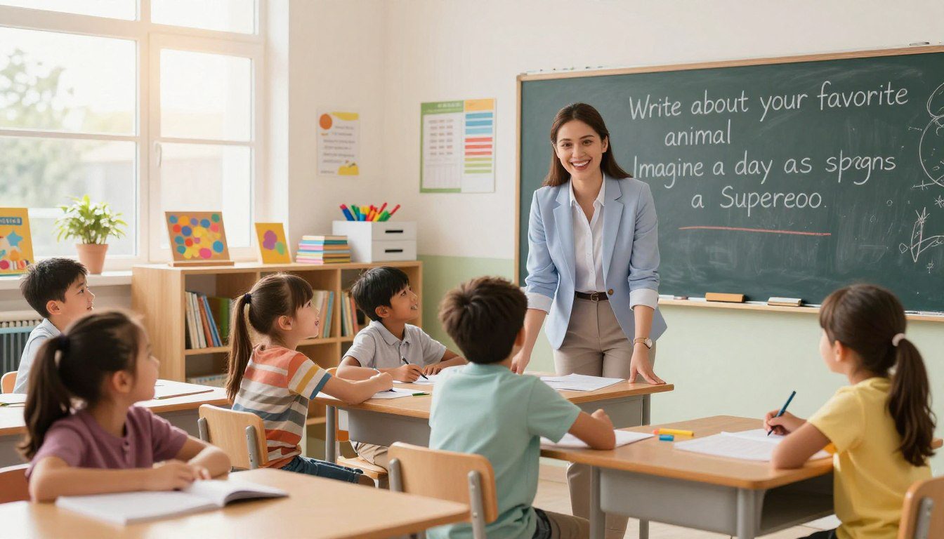 Collection of AI writing prompts for elementary teachers shown in a classroom