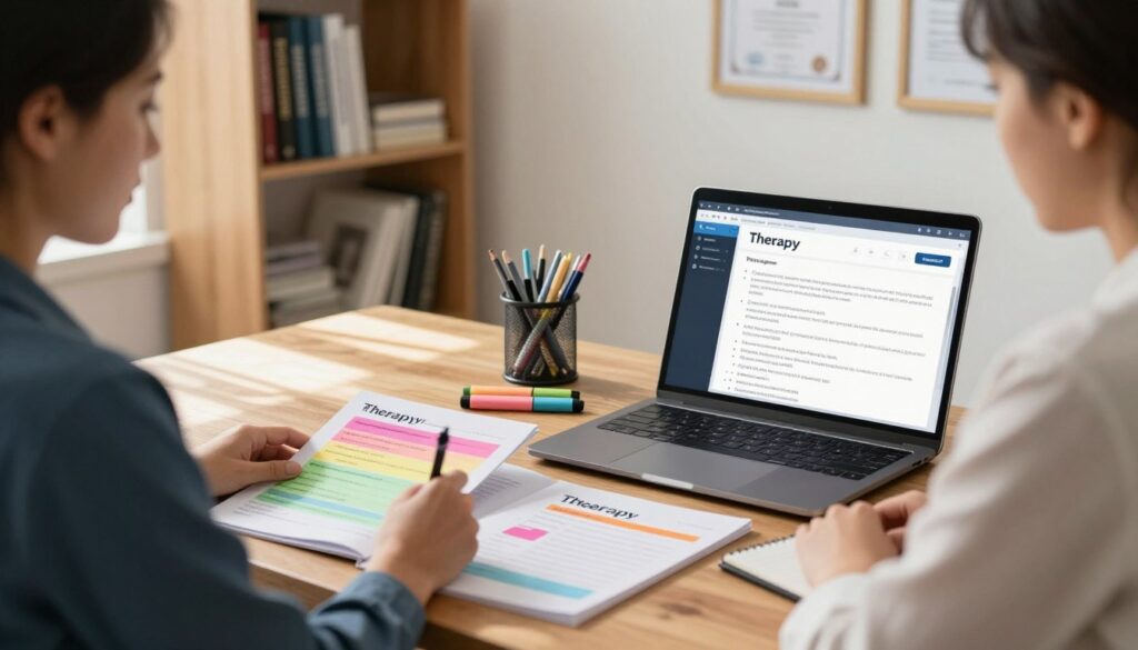 An organized workspace featuring a wooden desk where a professional therapist, dressed in smart casual attire, is focused on adapting therapy note templates. In the foreground, vibrant color-coded notes and an open laptop display a digital template interface. The middle ground shows neatly arranged stationery including pens and pastel highlighters. In the background, a well-stocked bookshelf filled with psychology texts and framed certificates adorn the wall, adding an academic touch. Natural light streams through a nearby window, creating a warm and inviting atmosphere, while soft shadows enhance the details. The composition should convey a mood of productivity and focus, suitable for illustrating a modern therapeutic environment.