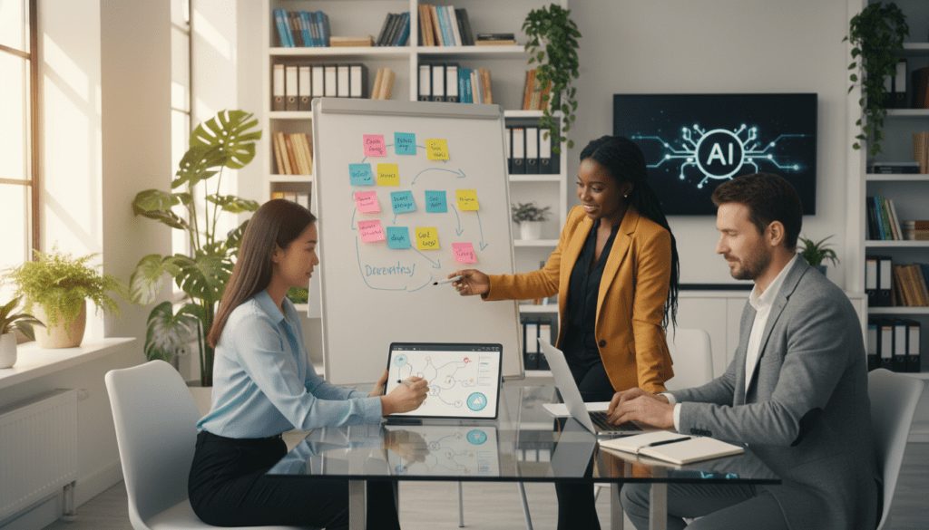 In a bright, modern office space, a diverse group of three professionals—two women and one man—are engaged in a dynamic brainstorming session. The first woman, of Asian descent, is seated at a sleek glass table, sketching ideas on a digital tablet. The second woman, of African descent, stands beside a whiteboard covered in colorful sticky notes, conveying enthusiasm. The man, of Caucasian descent, is using a laptop, jotting down key points. Soft, natural light streams through large windows, creating a warm and inviting atmosphere. The background features bookshelves filled with business literature and greenery for a fresh touch. The overall mood is collaborative and innovative, capturing the essence of crafting a unique brand story using AI. In a bright, modern office space, a diverse group of three professionals—two women and one man—are engaged in a dynamic brainstorming session. The first woman, of Asian descent, is seated at a sleek glass table, sketching ideas on a digital tablet. The second woman, of African descent, stands beside a whiteboard covered in colorful sticky notes, conveying enthusiasm. The man, of Caucasian descent, is using a laptop, jotting down key points. Soft, natural light streams through large windows, creating a warm and inviting atmosphere. The background features bookshelves filled with business literature and greenery for a fresh touch. The overall mood is collaborative and innovative, capturing the essence of crafting a unique brand story using AI.