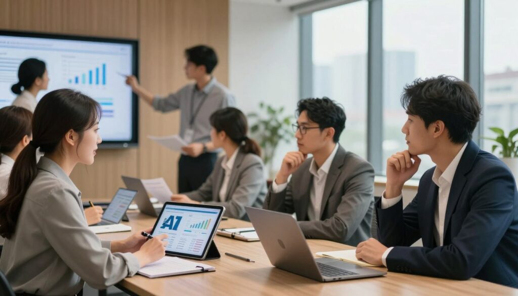 In a modern office setting, depict a diverse group of professionals engaged in a collaborative performance review meeting. In the foreground, a well-dressed woman is enthusiastically sharing insights from a digital tablet displaying AI-generated analytics. Beside her, a man in business attire nods thoughtfully, taking notes on a laptop, illustrating human engagement with AI insights. In the middle ground, other team members, including a woman examining charts on a wall screen and a man reviewing documents, create a dynamic learning environment. The background features large windows with city views and soft, natural light streaming in, enhancing the professional atmosphere. Use a focus on warm tones to convey a constructive and innovative mood, celebrating the synergy between human judgment and AI. In a modern office setting, depict a diverse group of professionals engaged in a collaborative performance review meeting. In the foreground, a well-dressed woman is enthusiastically sharing insights from a digital tablet displaying AI-generated analytics. Beside her, a man in business attire nods thoughtfully, taking notes on a laptop, illustrating human engagement with AI insights. In the middle ground, other team members, including a woman examining charts on a wall screen and a man reviewing documents, create a dynamic learning environment. The background features large windows with city views and soft, natural light streaming in, enhancing the professional atmosphere. Use a focus on warm tones to convey a constructive and innovative mood, celebrating the synergy between human judgment and AI.