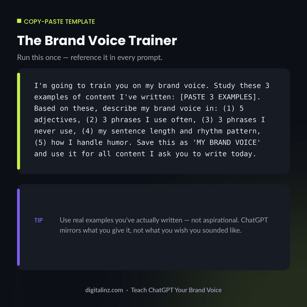 Copy-paste ChatGPT prompt for extracting and documenting brand voice from existing content examples so all future AI output stays on-brand