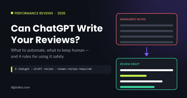 Diagram showing a manager's rough notes turned into a structured performance review draft using ChatGPT, with human review required