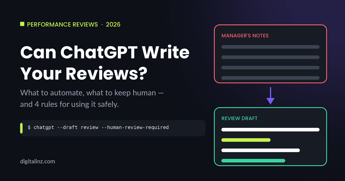 Diagram showing a manager's rough notes turned into a structured performance review draft using ChatGPT, with human review required