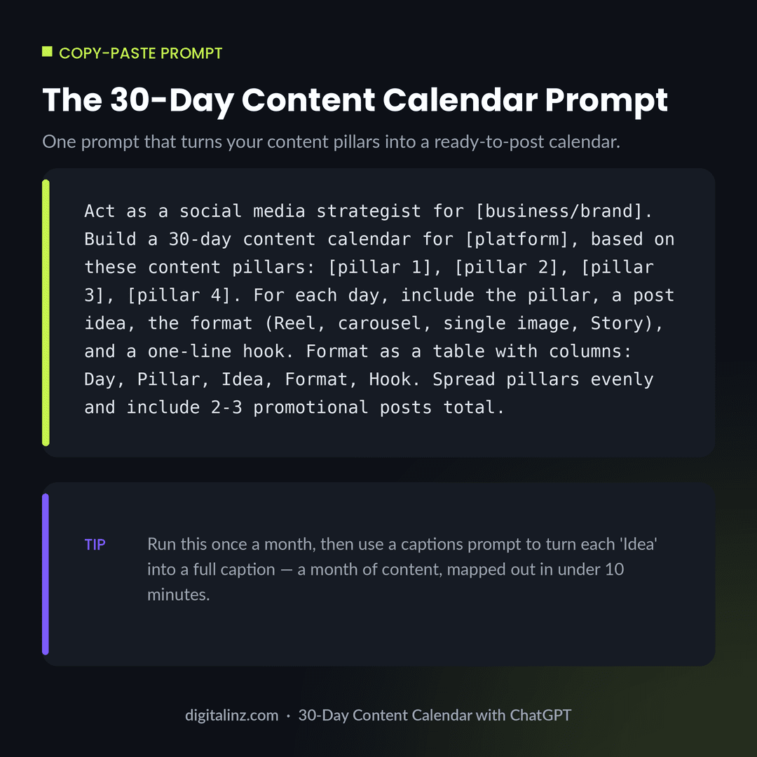 Copy-paste ChatGPT prompt for a 30-day social media content calendar