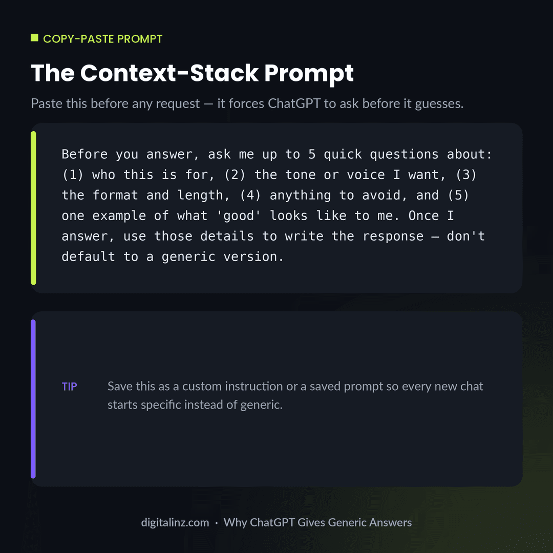 ChatGPT generic answers fix: context-stack prompt template