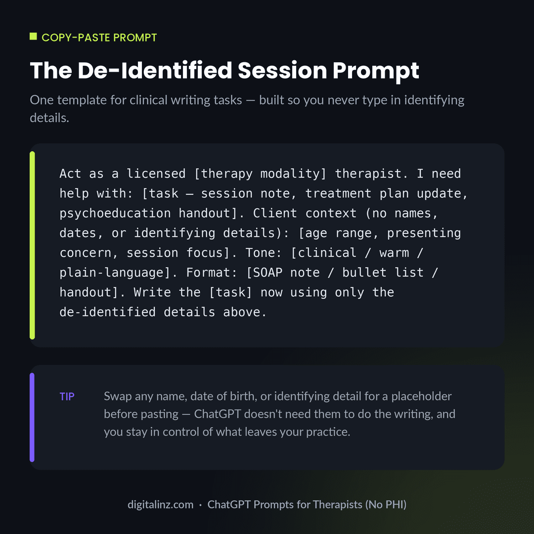 Copy-paste de-identified session ChatGPT prompt for therapists with no PHI
