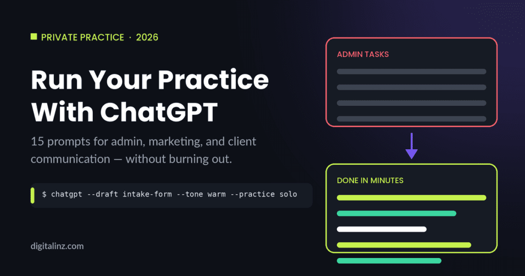 Diagram showing admin tasks being completed in minutes using ChatGPT prompts for private practice therapists