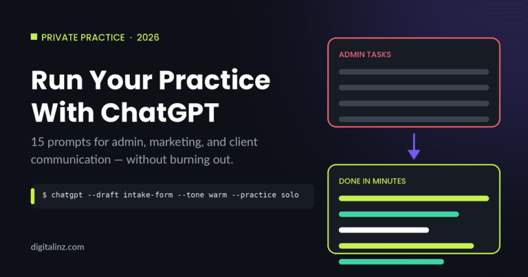 Diagram showing admin tasks being completed in minutes using ChatGPT prompts for private practice therapists