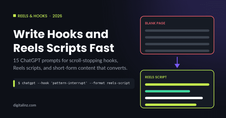 Diagram showing a blank page being transformed into a complete Reels script using ChatGPT prompts for hooks and short-form video content