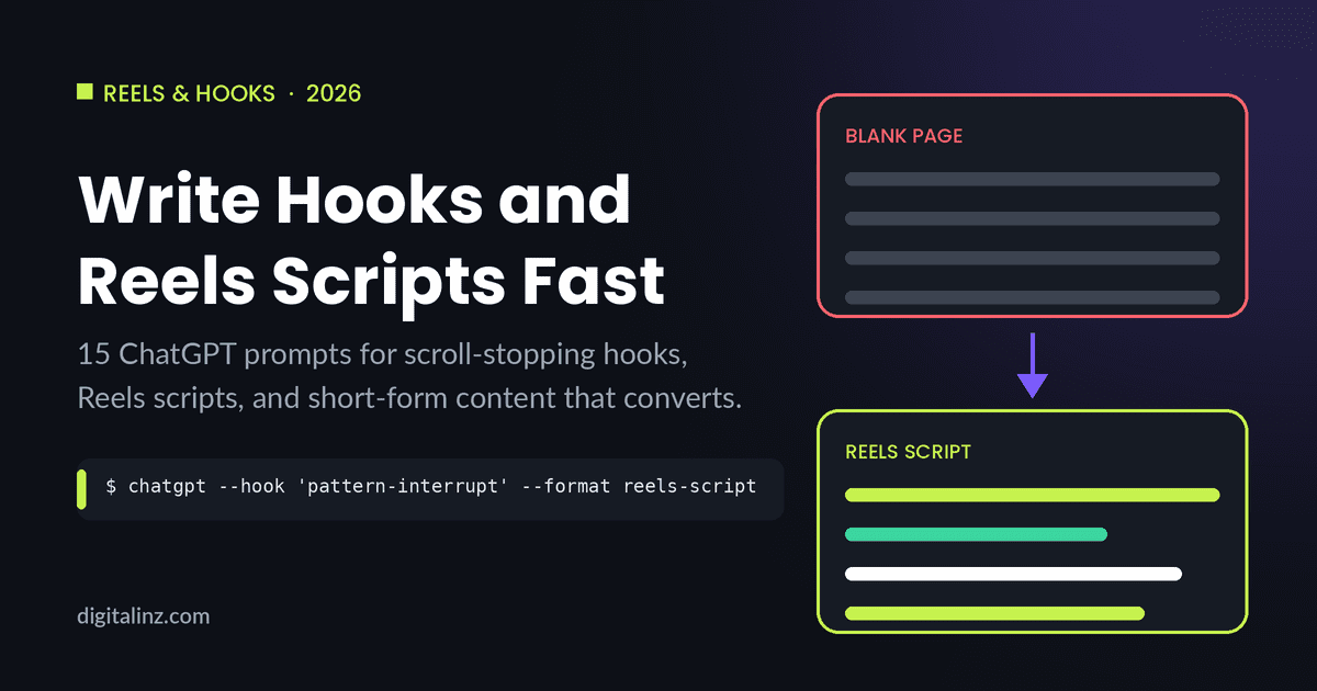 Diagram showing a blank page being transformed into a complete Reels script using ChatGPT prompts for hooks and short-form video content