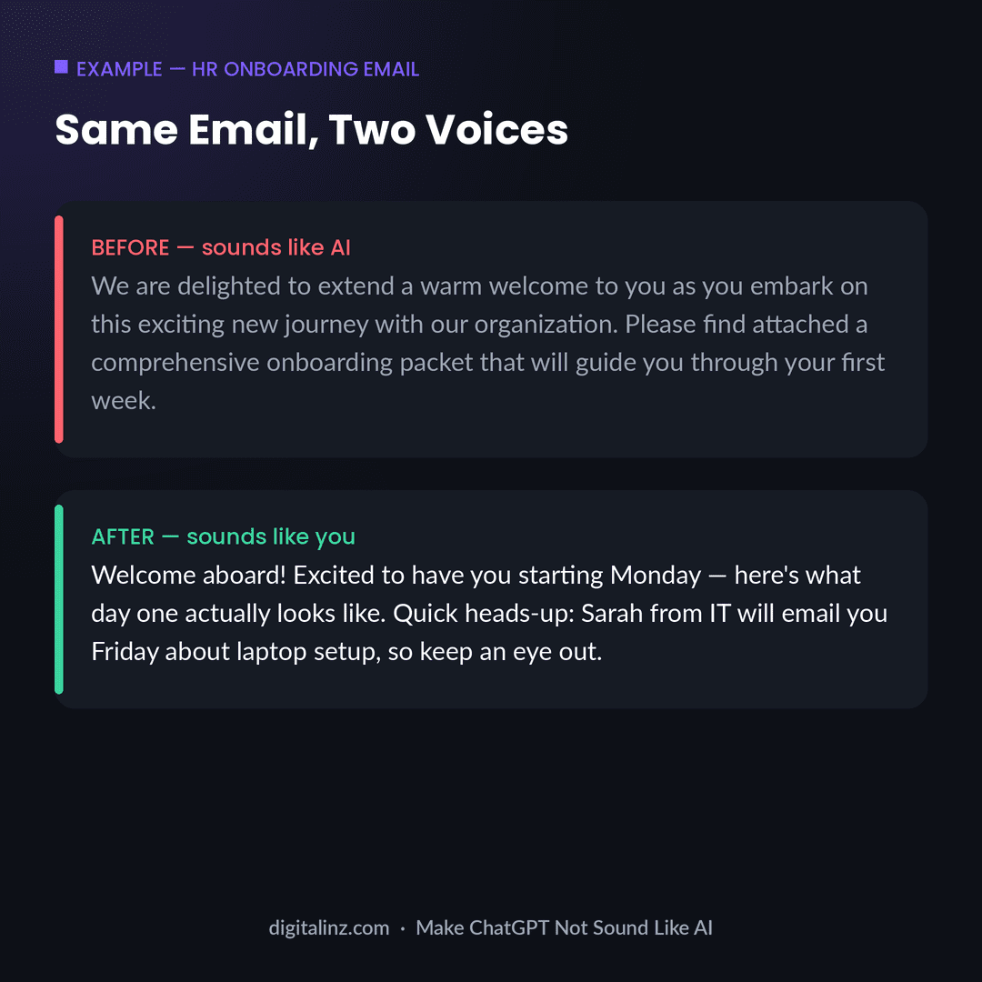 Before and after example of an HR onboarding email — generic AI-sounding draft vs. a humanized rewrite