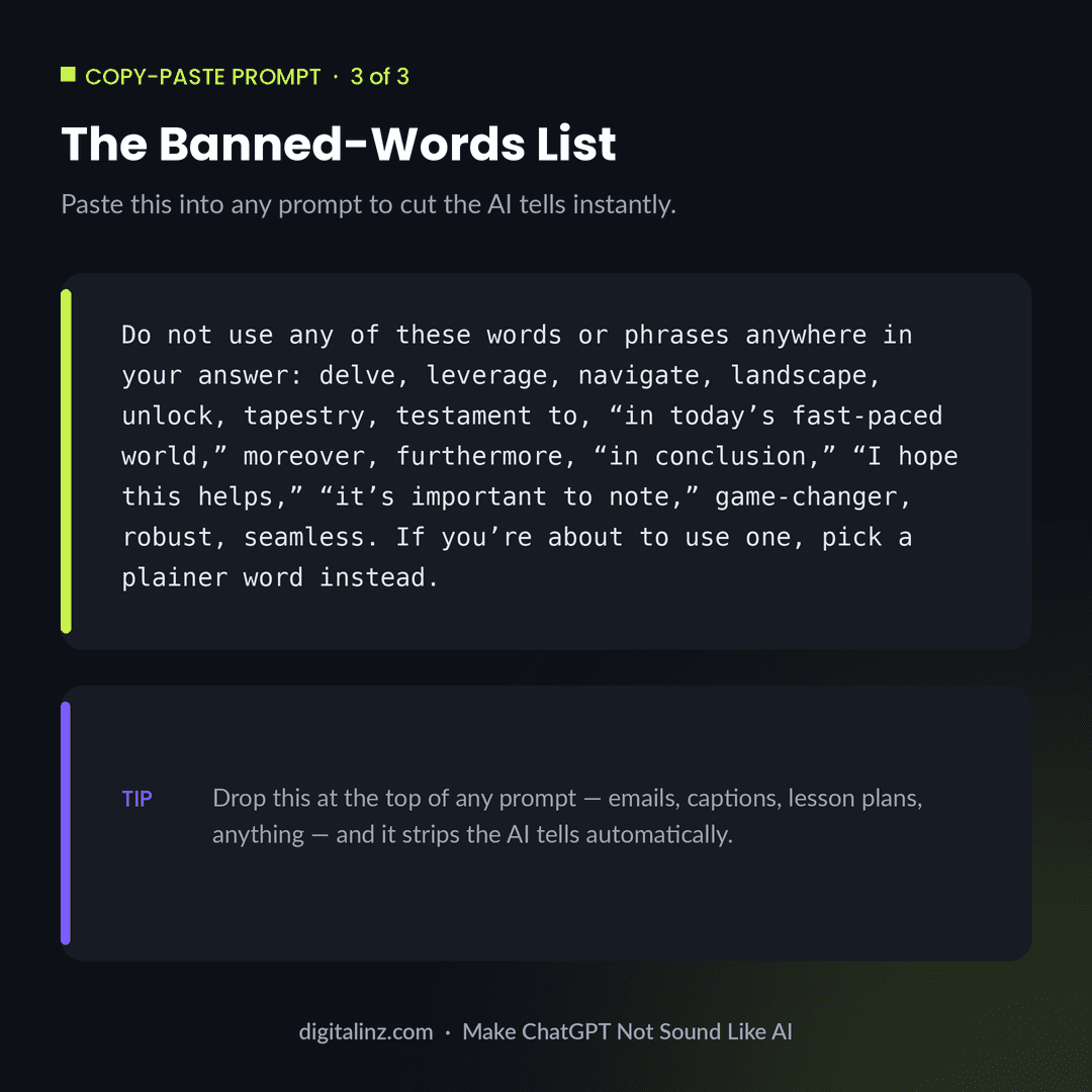 Copy-paste banned-words list prompt that stops ChatGPT from sounding like AI