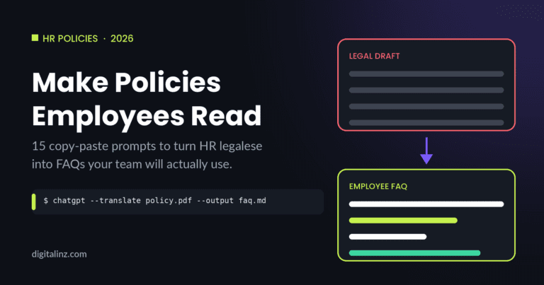 Diagram showing HR legal policy text being translated into an employee-friendly FAQ using ChatGPT prompts