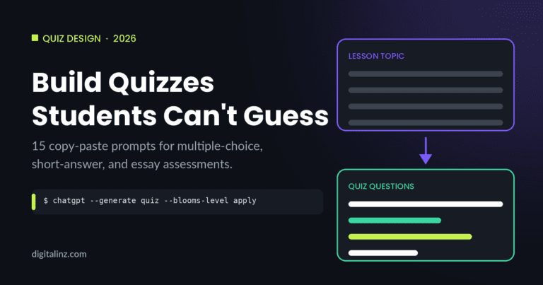 Diagram showing a lesson topic being transformed into targeted quiz questions using ChatGPT prompts, with Bloom's taxonomy applied