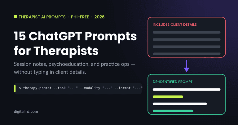 ChatGPT prompts for therapists without PHI: includes client details vs de-identified prompt diagram