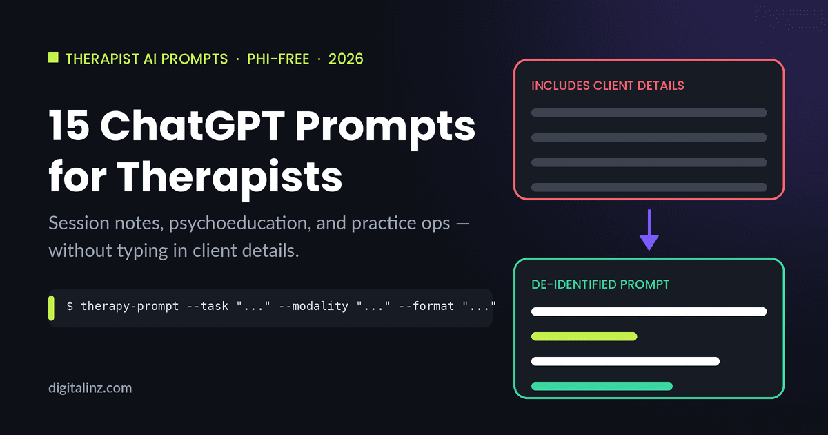 ChatGPT prompts for therapists without PHI: includes client details vs de-identified prompt diagram