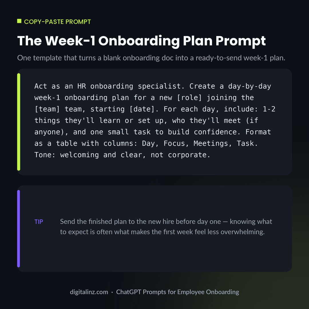 Copy-paste ChatGPT prompt for a week-1 employee onboarding plan