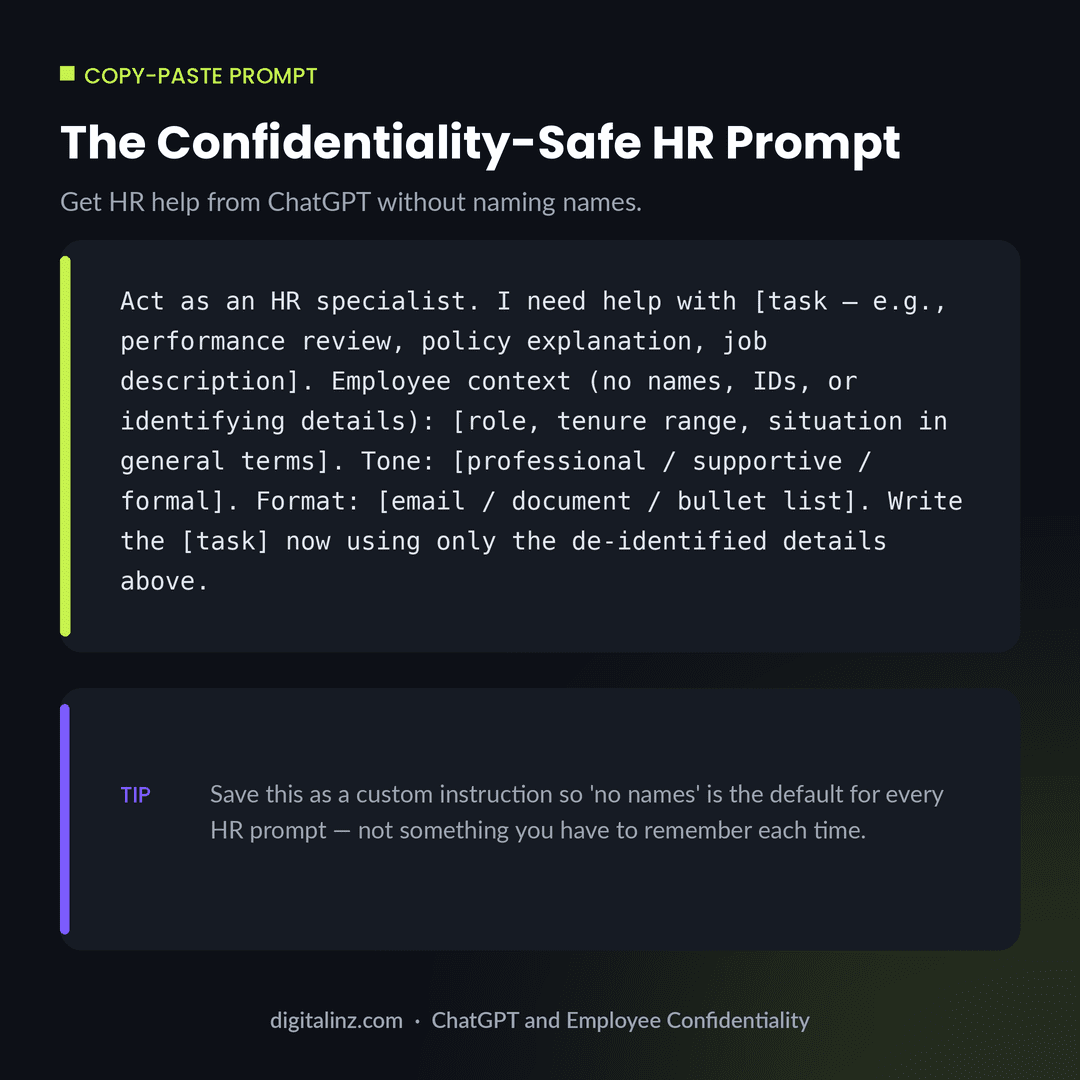Copy-paste confidentiality-safe ChatGPT prompt template for HR tasks with no employee names or identifying details