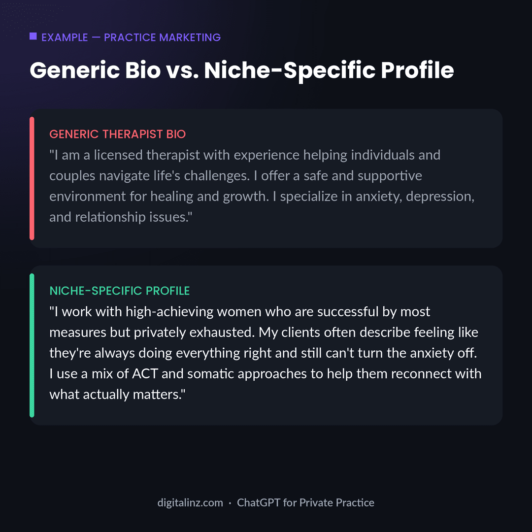 Example comparing a generic therapist bio that lists credentials with a niche-specific profile written with ChatGPT that speaks directly to the ideal client