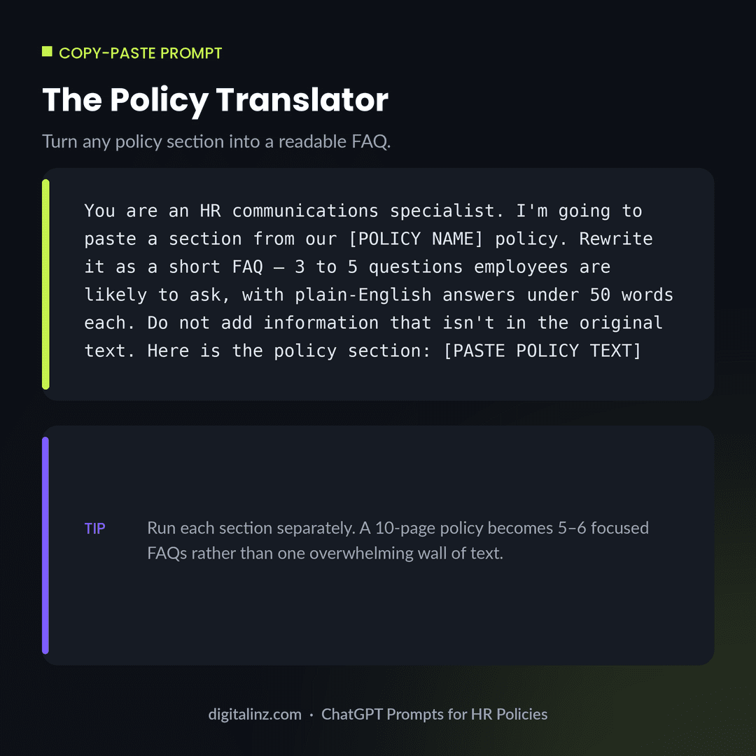 Copy-paste ChatGPT prompt template for turning any HR policy section into a short FAQ employees will actually read