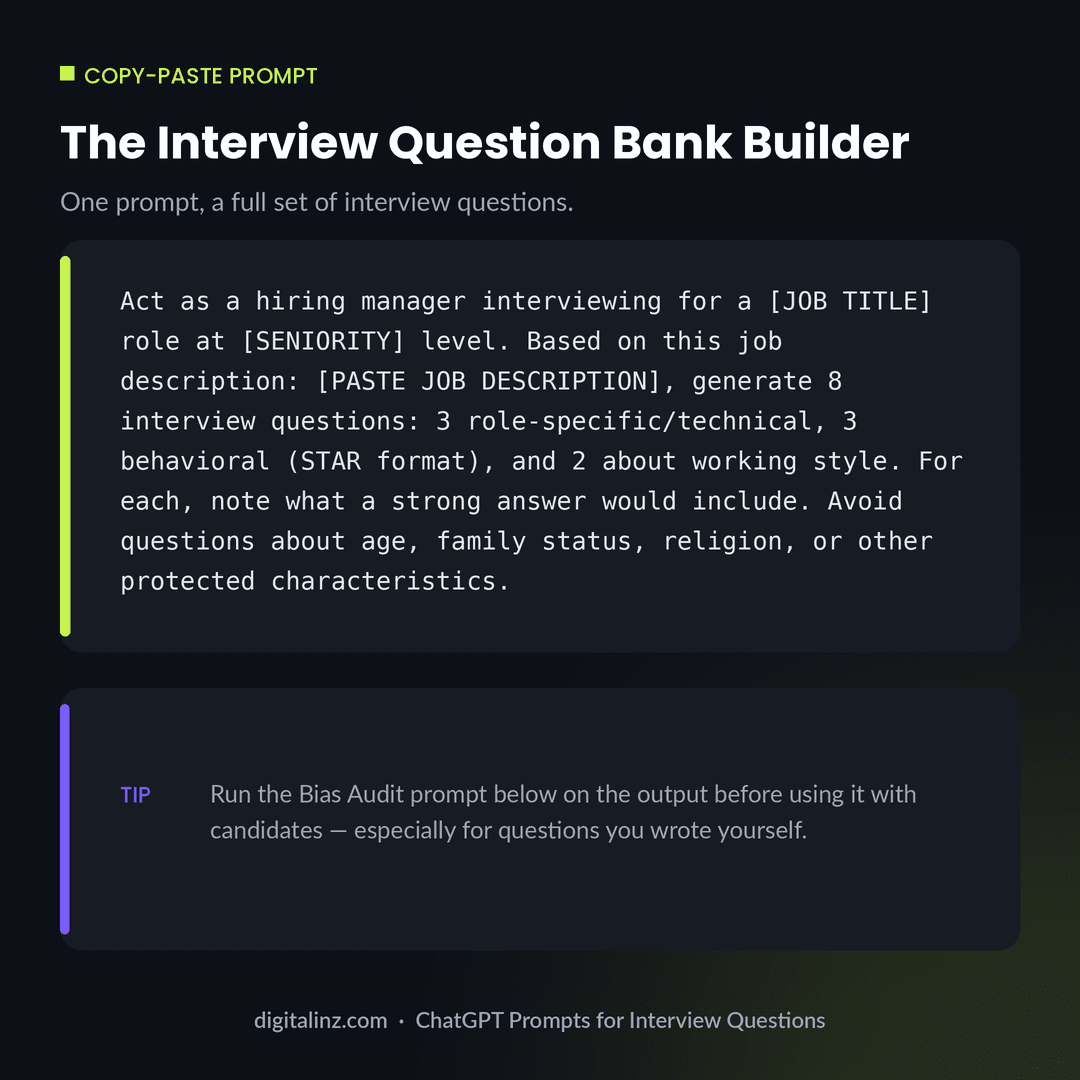 Copy-paste ChatGPT prompt template for generating a full set of role-specific, bias-free interview questions