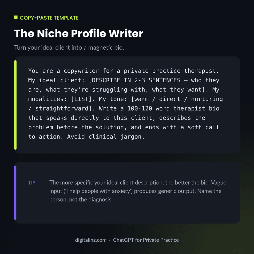 Copy-paste ChatGPT prompt template for writing a niche-specific therapist bio that speaks directly to an ideal client rather than listing credentials