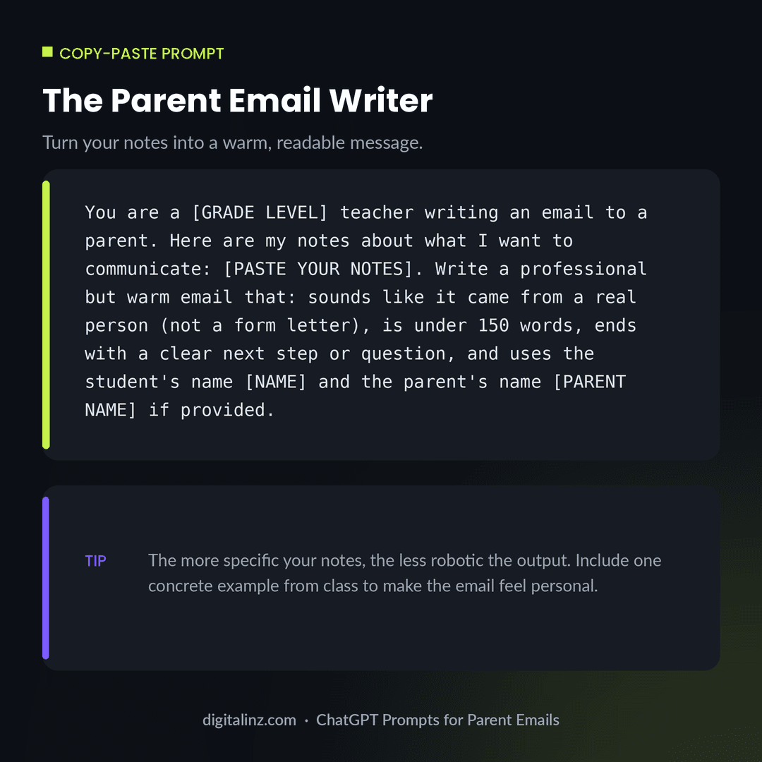 Copy-paste ChatGPT prompt template for turning teacher notes into a warm, professional parent email under 150 words