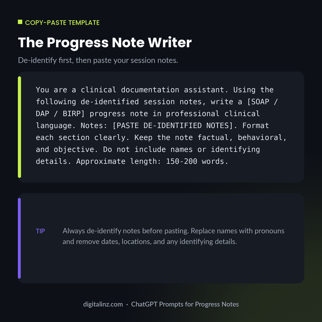 Copy-paste ChatGPT prompt template for writing de-identified SOAP DAP or BIRP therapy progress notes in clinical language