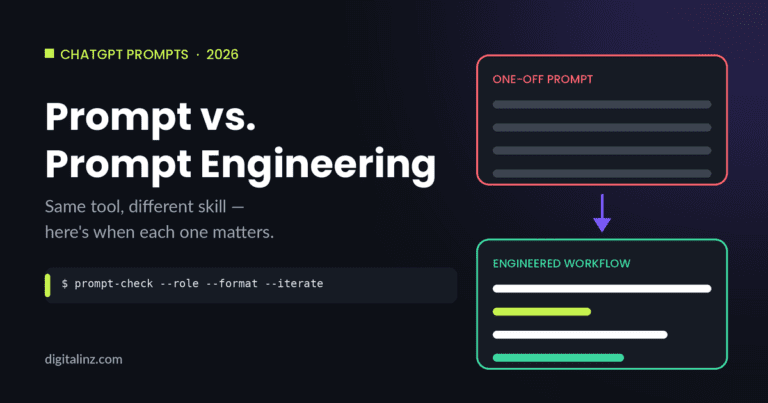 Prompt vs prompt engineering comparison diagram showing a one-off prompt versus an engineered workflow