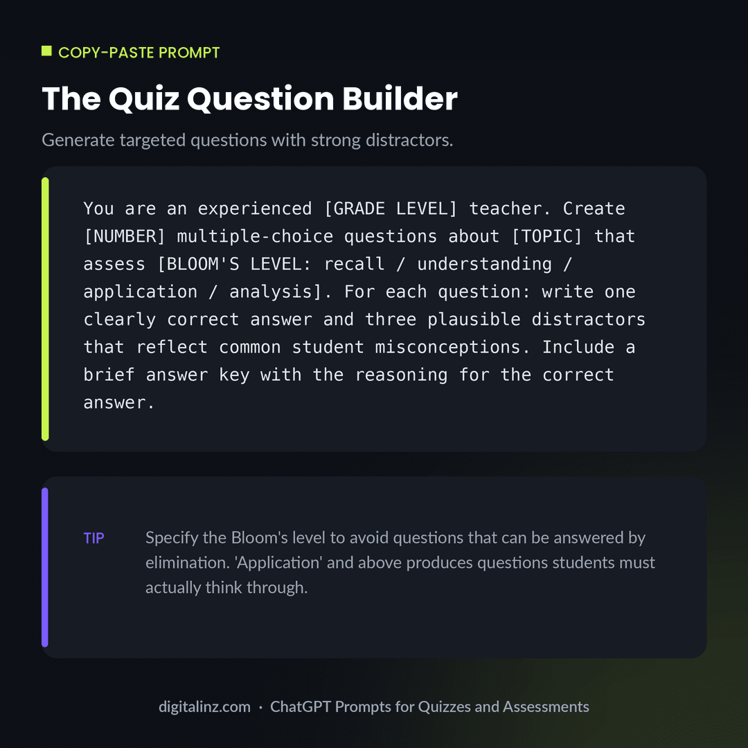 Copy-paste ChatGPT prompt template for generating multiple-choice quiz questions with strong distractors targeting a specific Bloom's taxonomy level