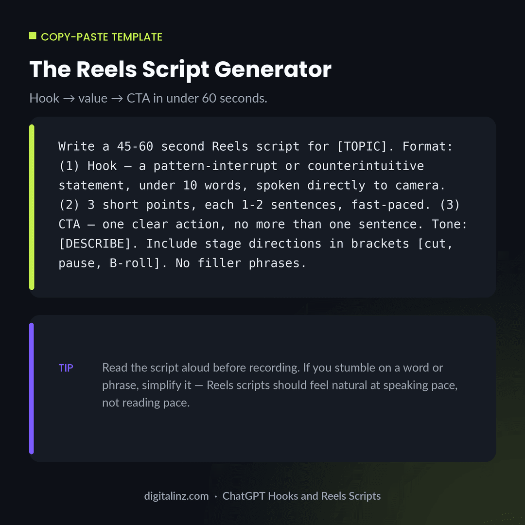 Copy-paste ChatGPT prompt template for writing a 45 to 60 second Reels script with a hook three value points and a CTA including stage directions