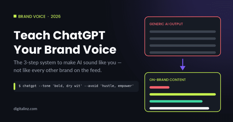 Diagram showing generic AI output being transformed into on-brand social media content after training ChatGPT with a brand voice document