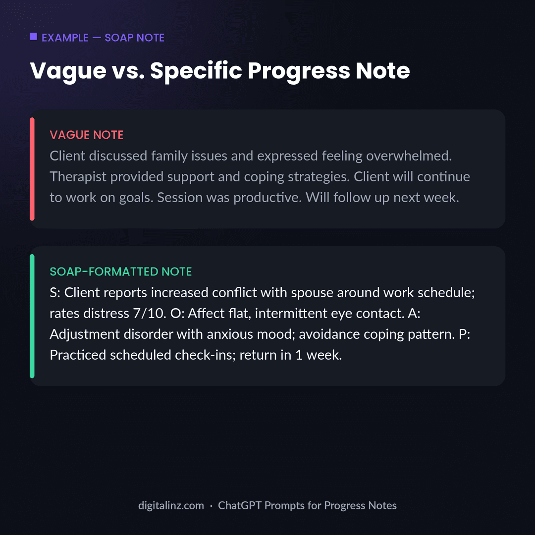 Example comparing a vague undocumented therapy session note with a specific SOAP-formatted clinical progress note written with ChatGPT