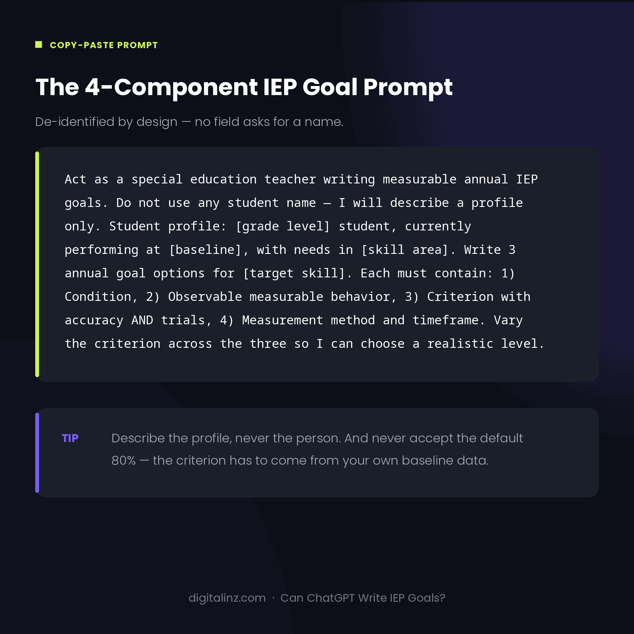A de-identified 4-component IEP goal prompt template for ChatGPT with condition, behavior, criterion, and measurement fields