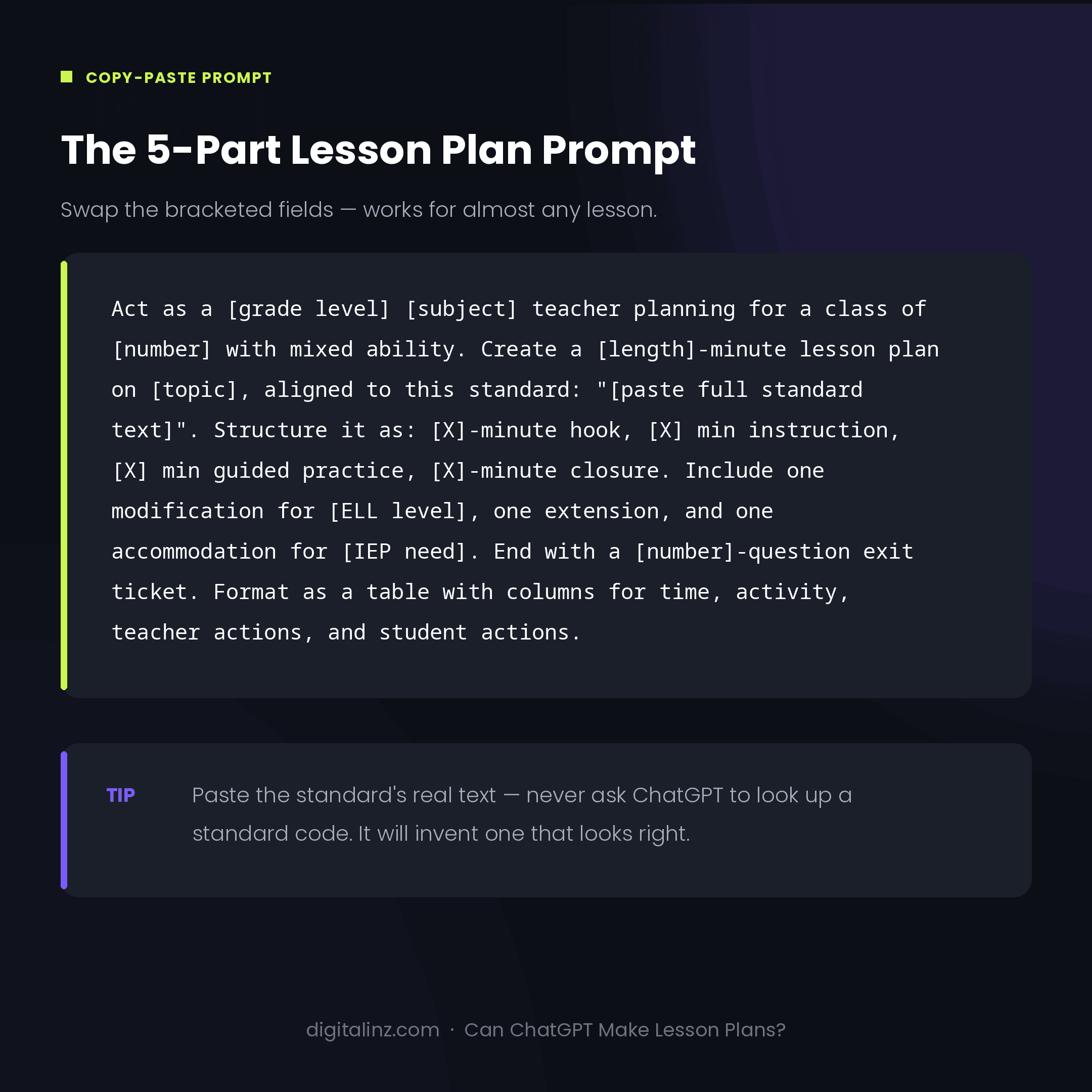 The 5-part lesson plan prompt template for ChatGPT, with grade level, standard, timing, differentiation, and assessment fields