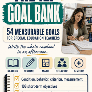 The IEP Goal Bank - 54 measurable IEP goals for special education teachers covering reading, writing, math and behavior