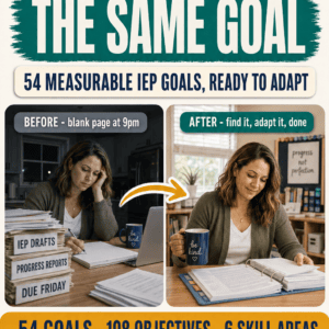 Stop rewriting the same IEP goal - 54 measurable IEP goals ready to adapt, before and after comparison