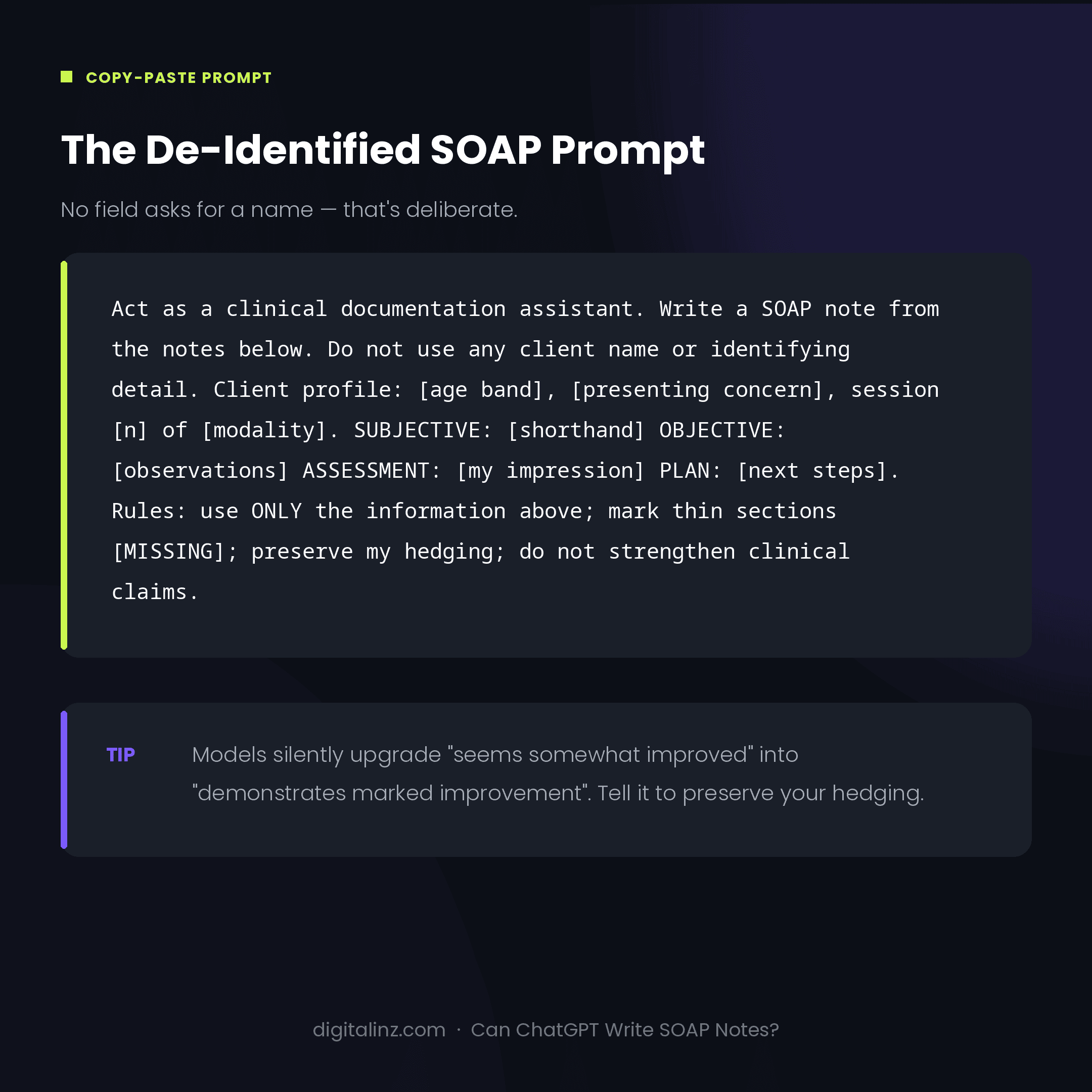 A de-identified SOAP note prompt template for ChatGPT with subjective, objective, assessment and plan fields