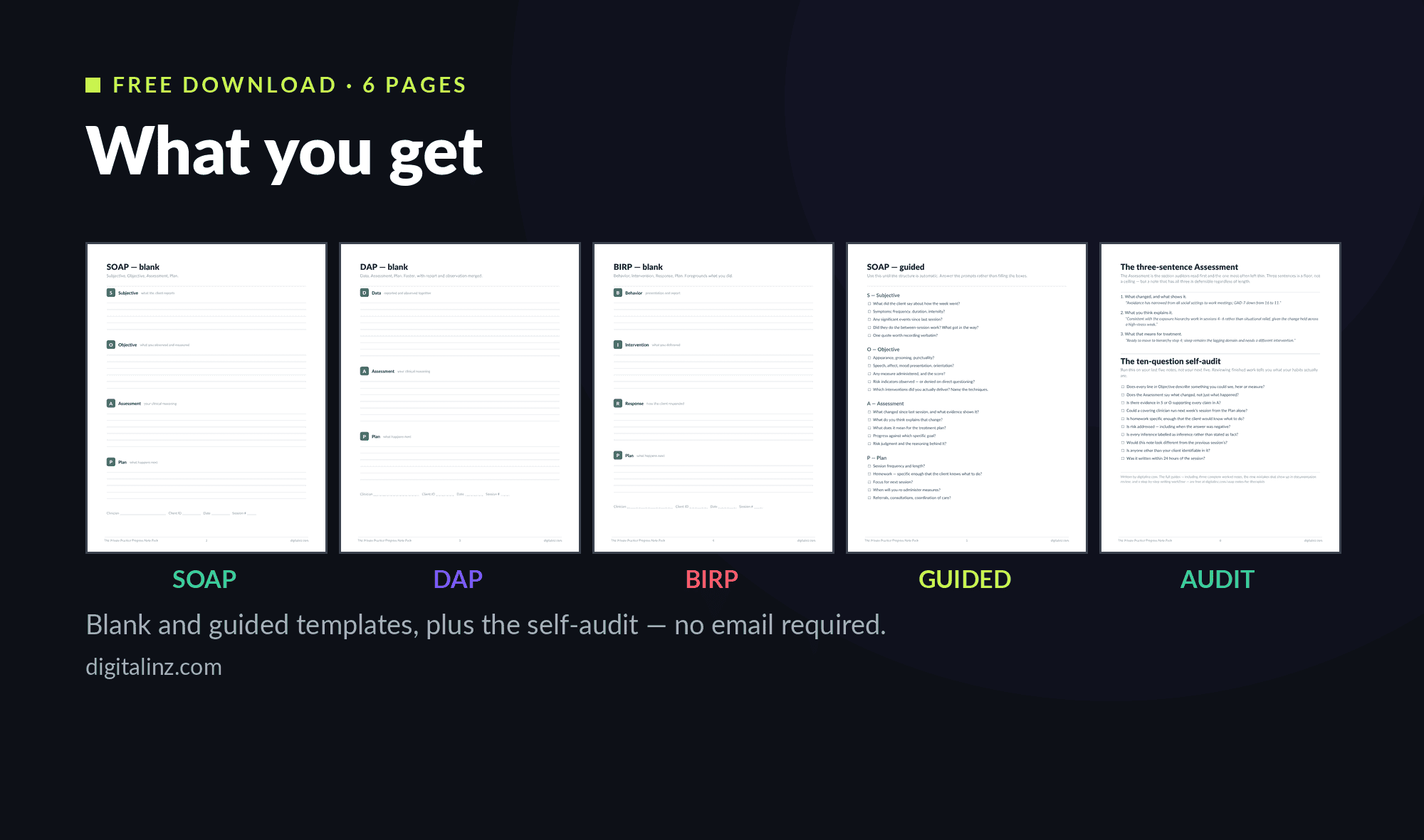 Preview of the six-page private practice progress note template pack