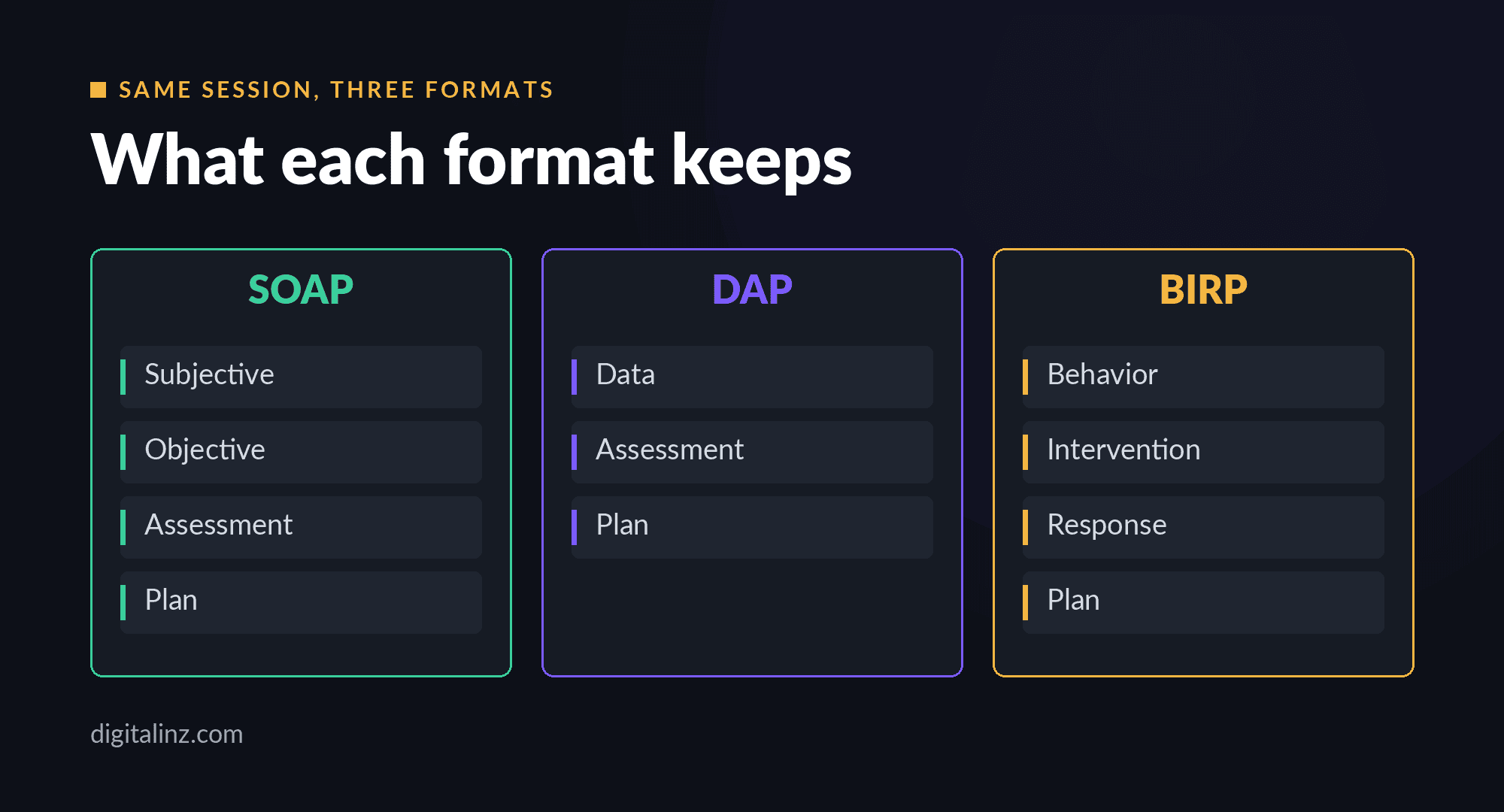 SOAP, DAP and BIRP note sections compared side by side